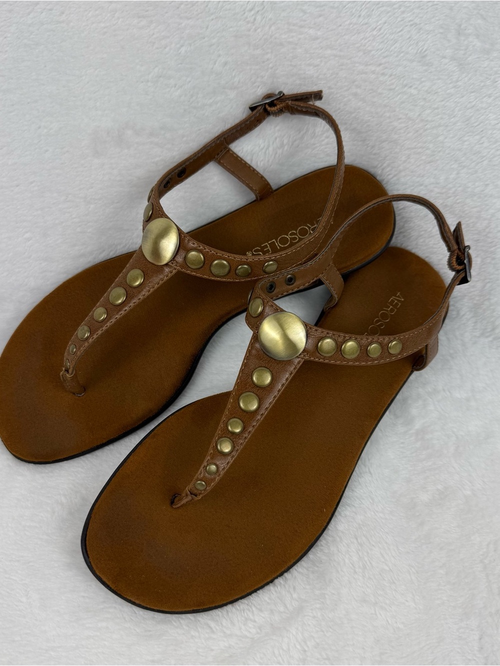 Aerosoles Chlambake Sandals Womens 7.5 Tan Strappy Thong Buckle Shoes